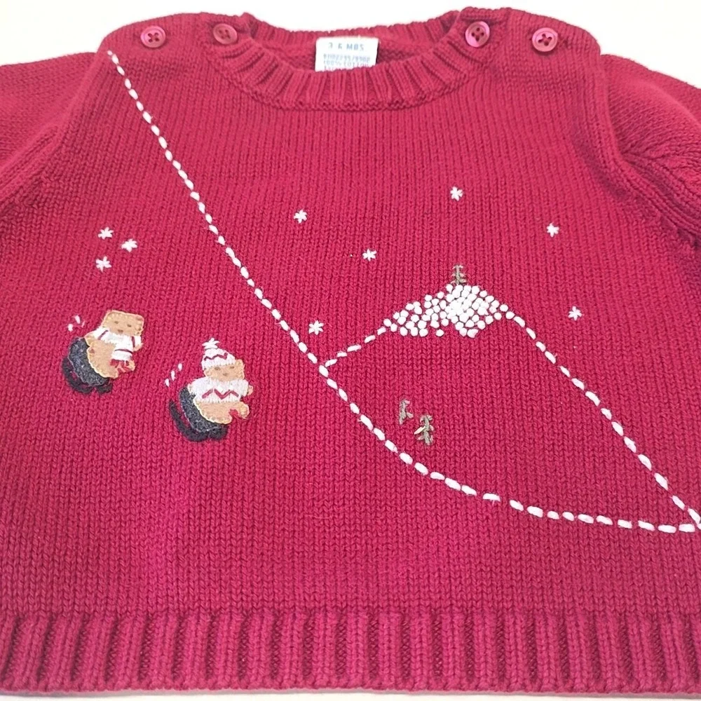 Gymboree Sweater Unisex 3-6 Months Burgundy Embroidered Winter Bear Sledding